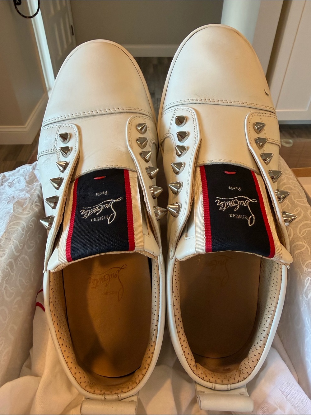 Women’s Christian Louboutin White Leather Spike-Trim Slip-Ons Red & Navy Detail